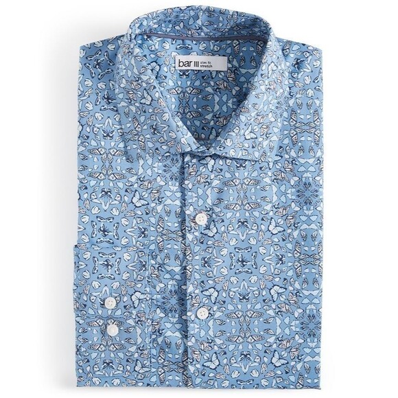 Bar III Men's Slim-Fit Stretch Butterfly Pattern Dress Shirt Blue Small 14-14.5 - Picture 1 of 9